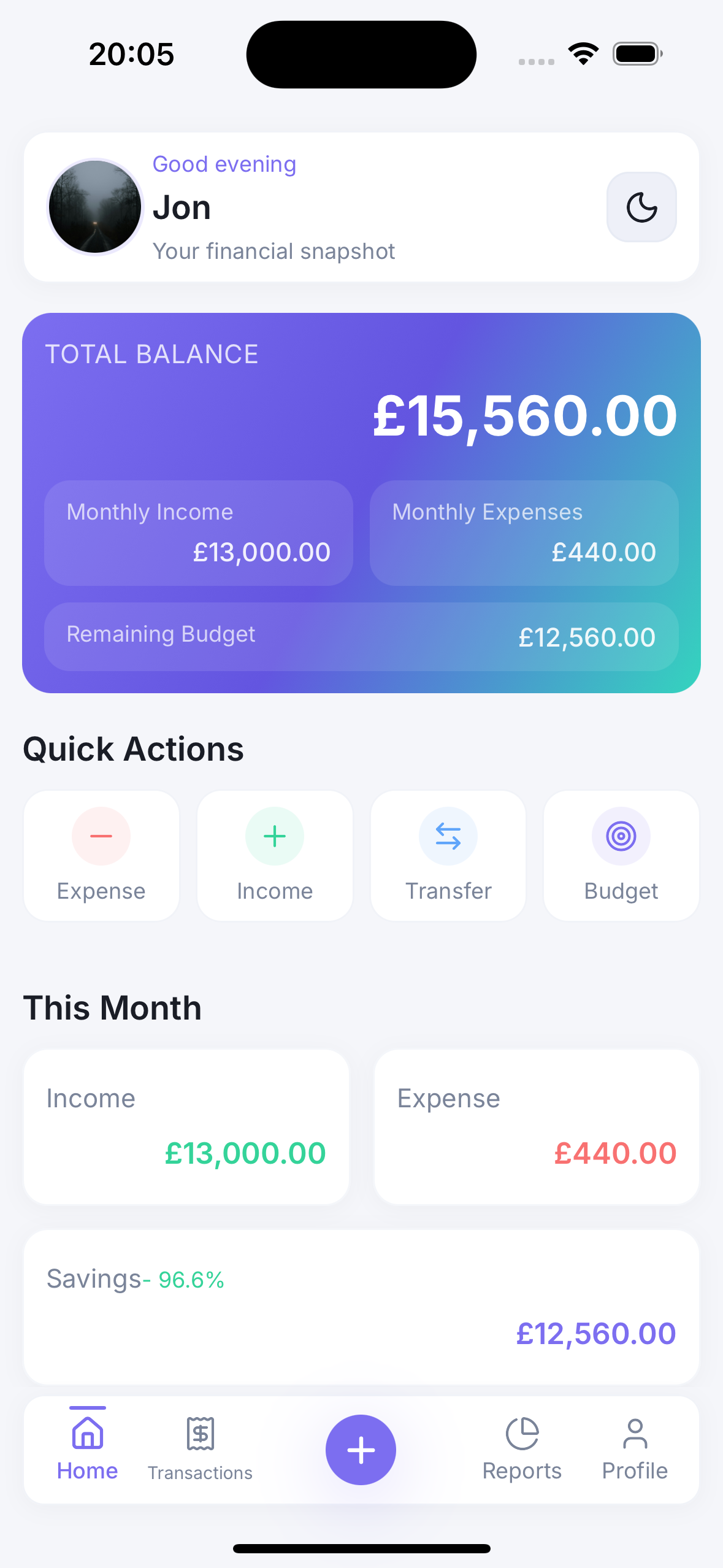 Budgetly dashboard showing total balance, monthly income and expenses