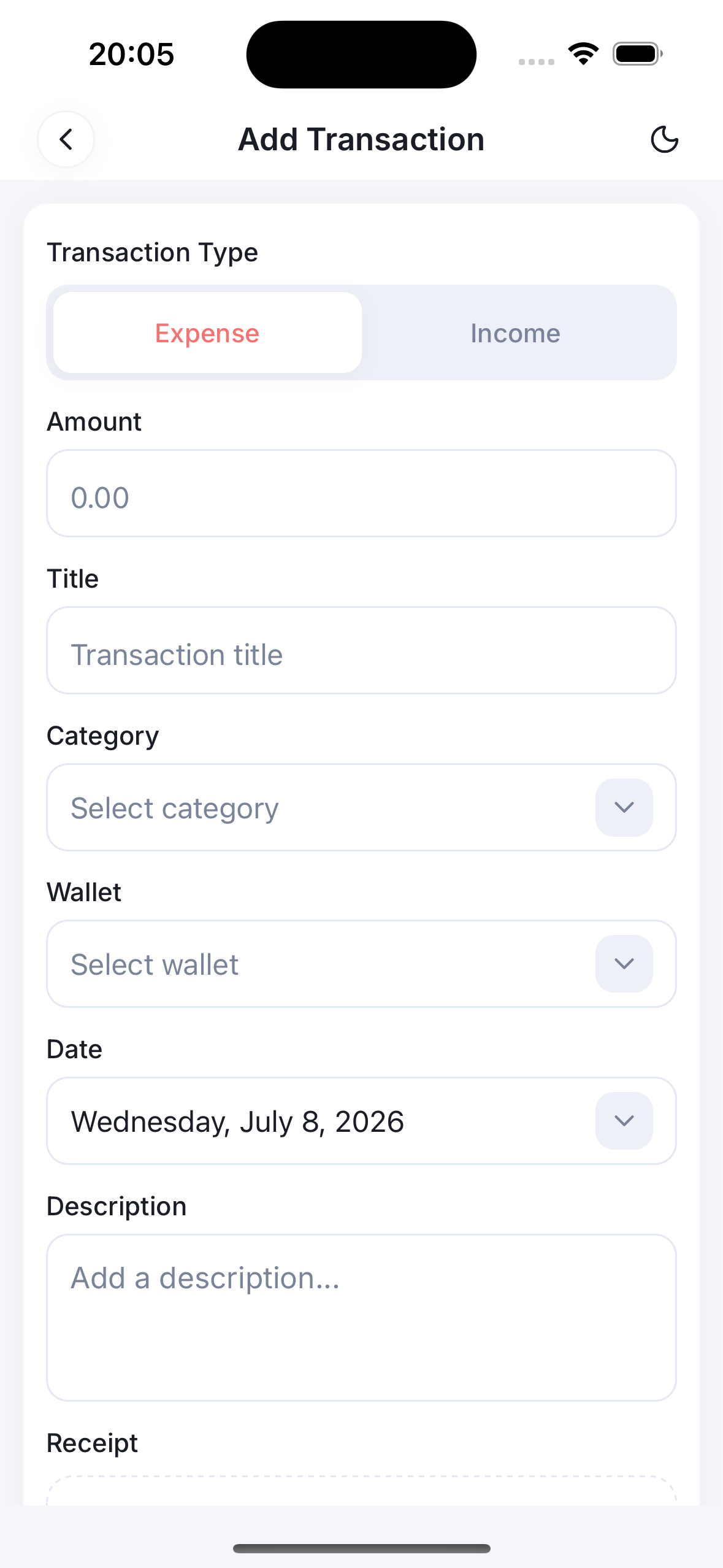 Budgetly add transaction form