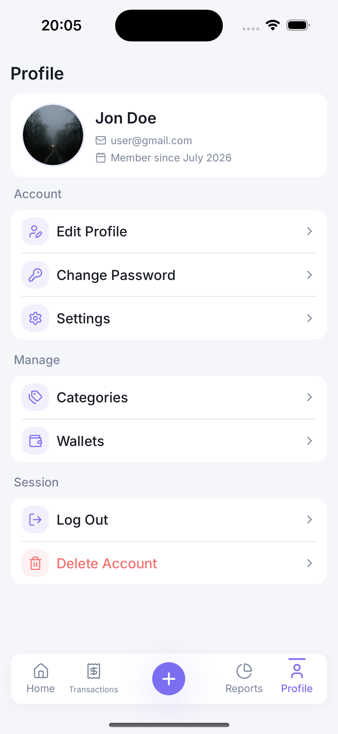 Budgetly profile and account settings