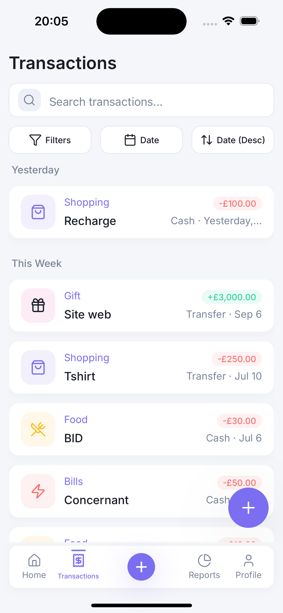 Budgetly transactions list with search and filters
